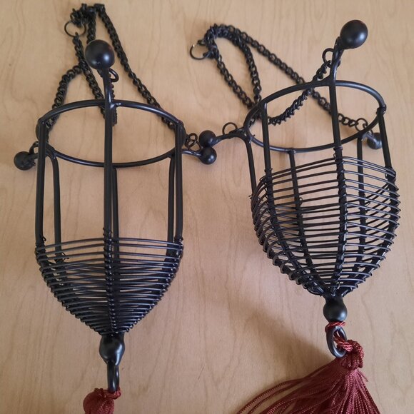 19th Century Ornate Tealight Hanging Lanterns - Wrought Iron, Set of 2 - Picture 5 of 12